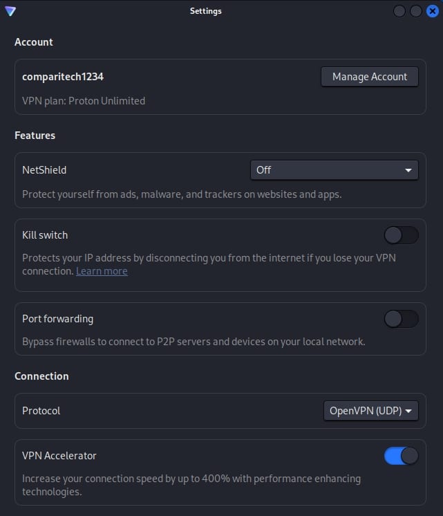 ProtonVPN paramètres
