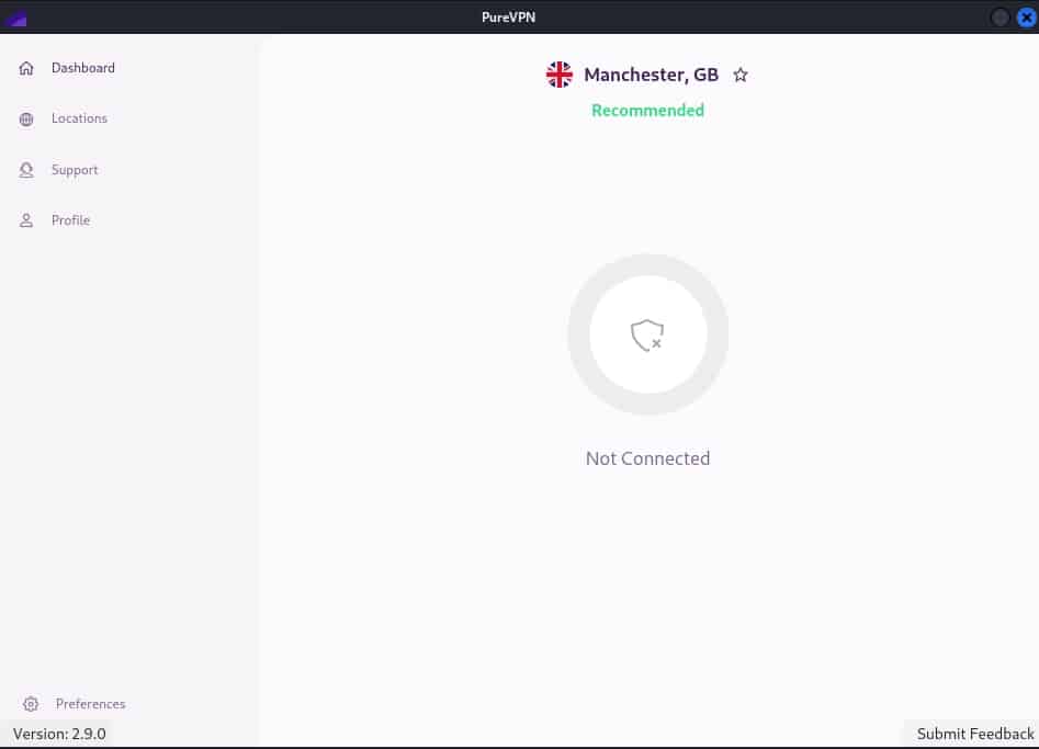 Tableau de bord de l'application PureVPN