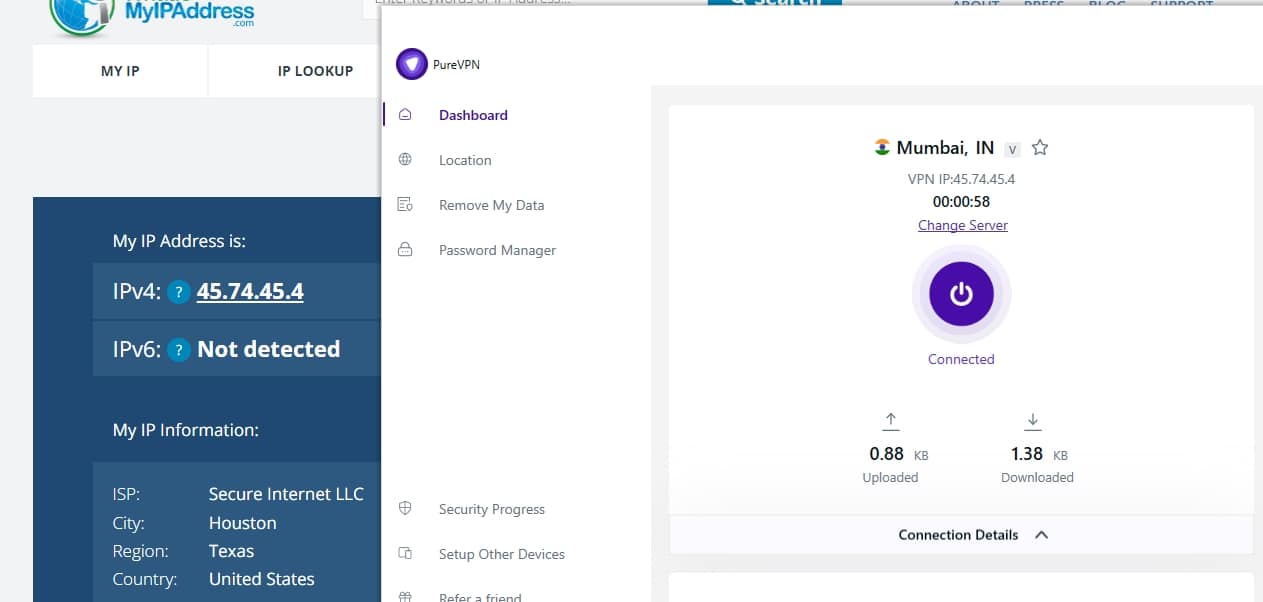 PureVPN's virtual India server.