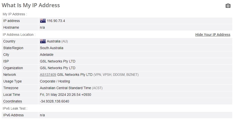 PureVPN IP leak test.