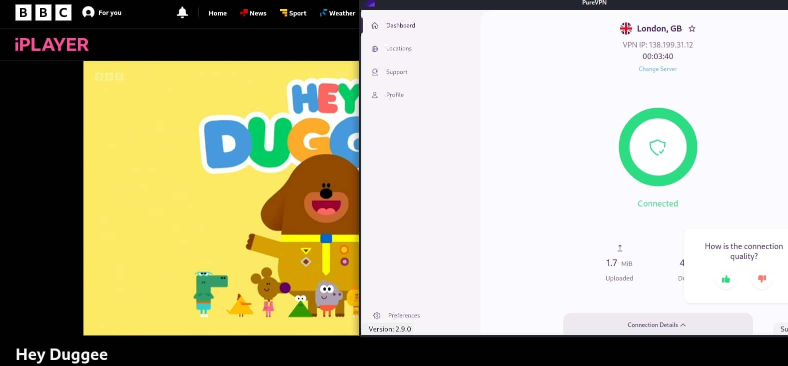 BBC iPlayer une fois connecté à un serveur britannique de PureVPN.