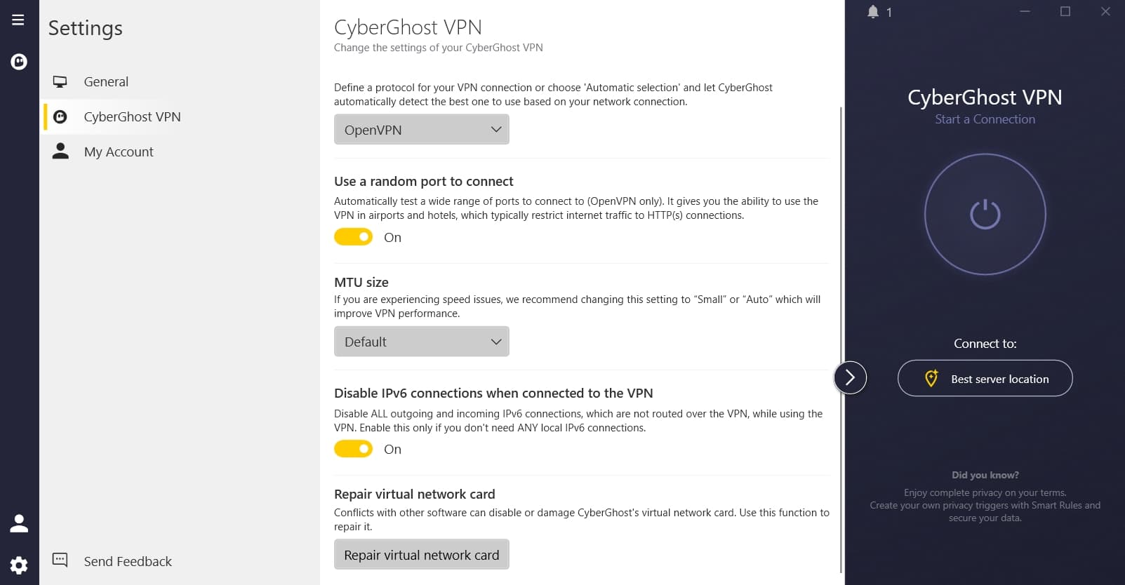 CyberGhost's Settings menu.