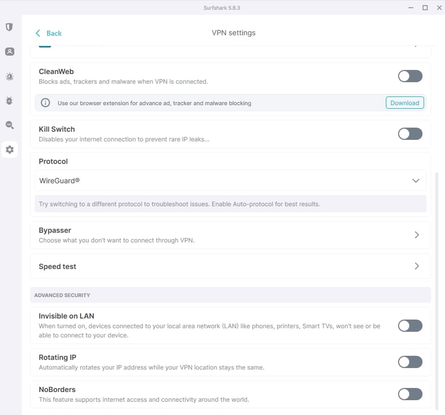Surfshark's Settings menu.