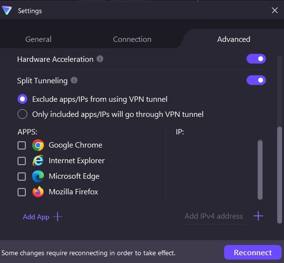 ProtonVPN's split tunneling feature.