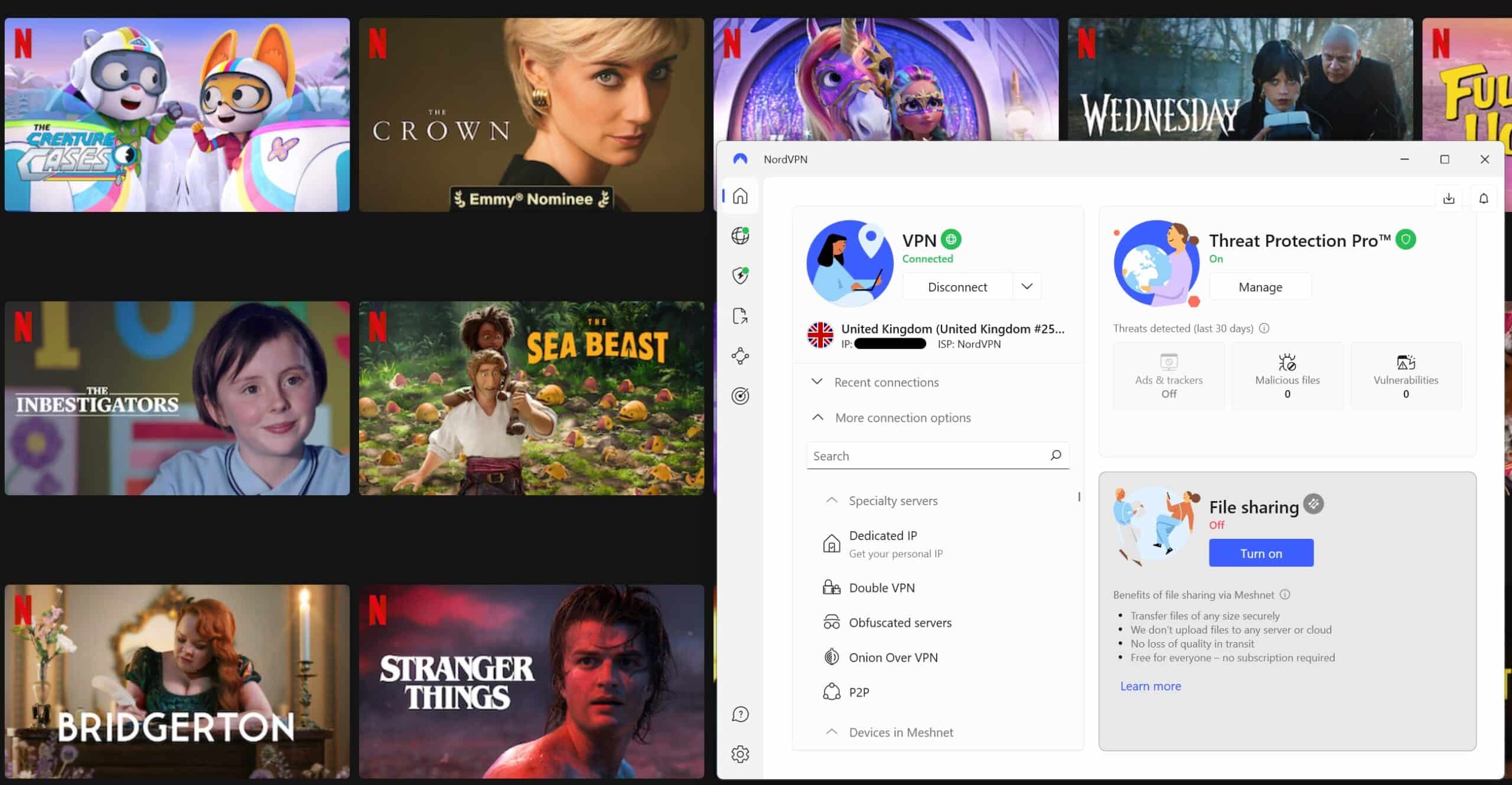 Screenshot showing a series of Netflix Originals, with NordVPN connected