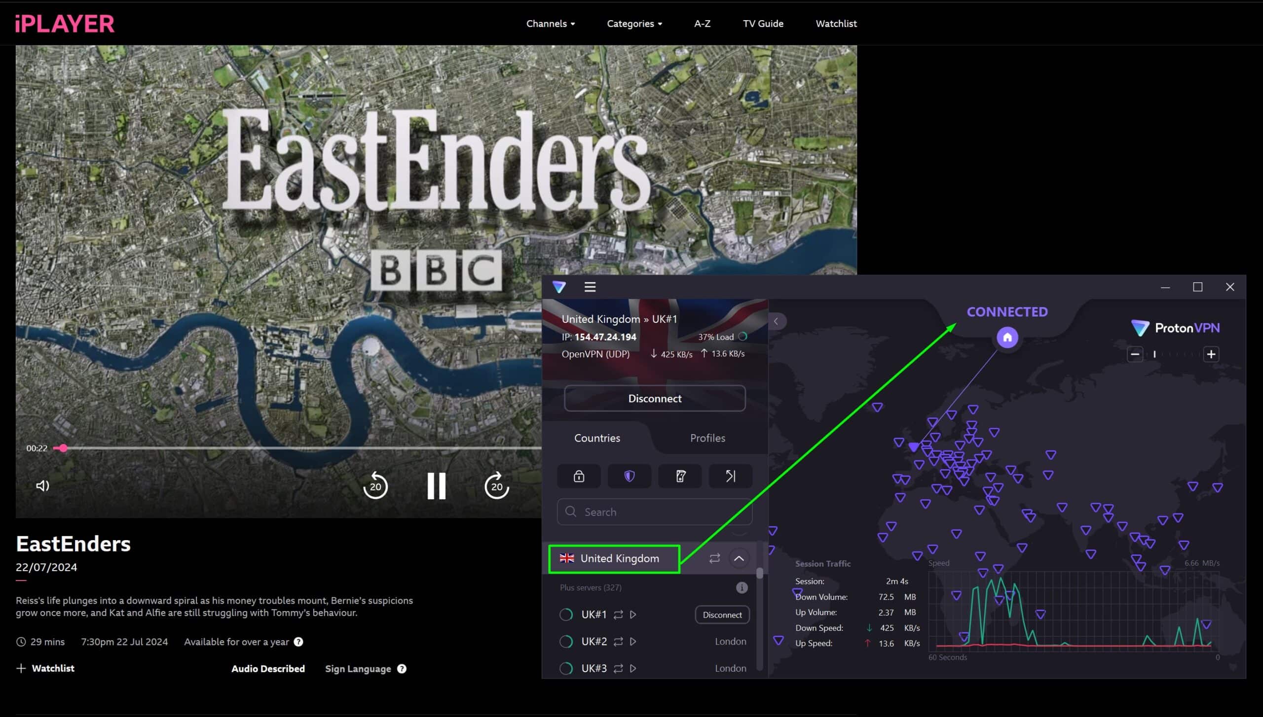 Screenshot showing someone using ProtonVPN to watch content on BBC iPlayer