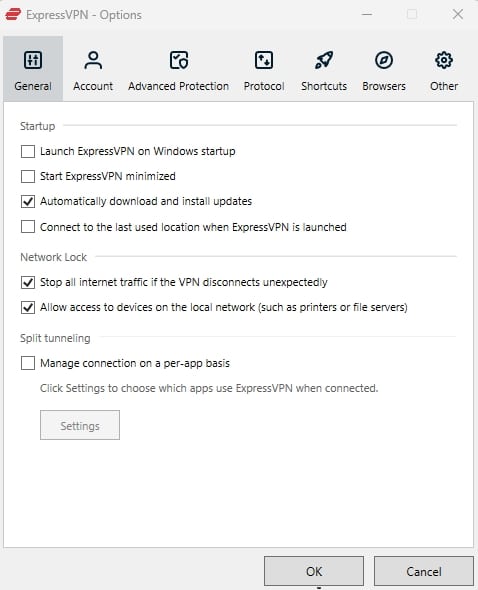 ExpressVPN options.