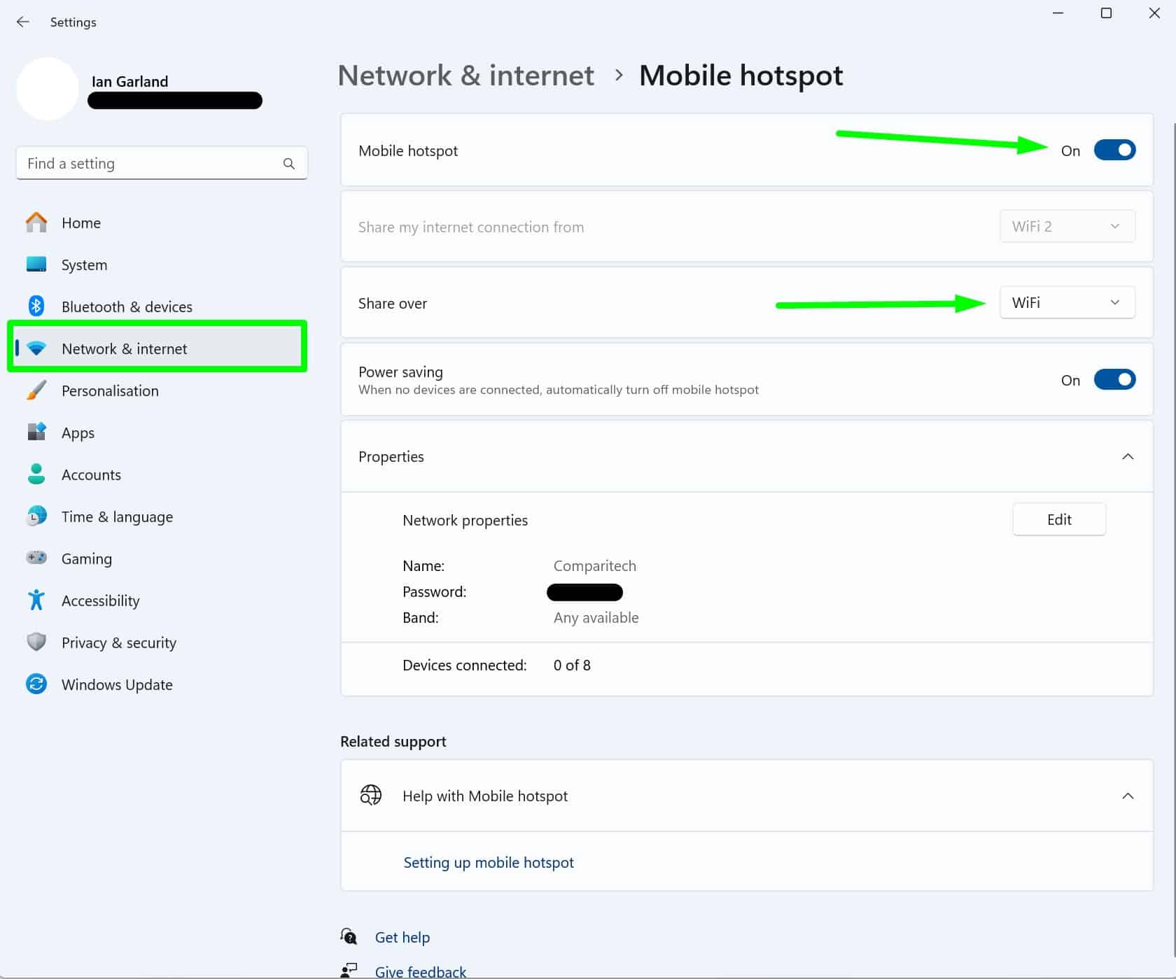Screenshot showing how to enable a mobile hotspot in Windows 11
