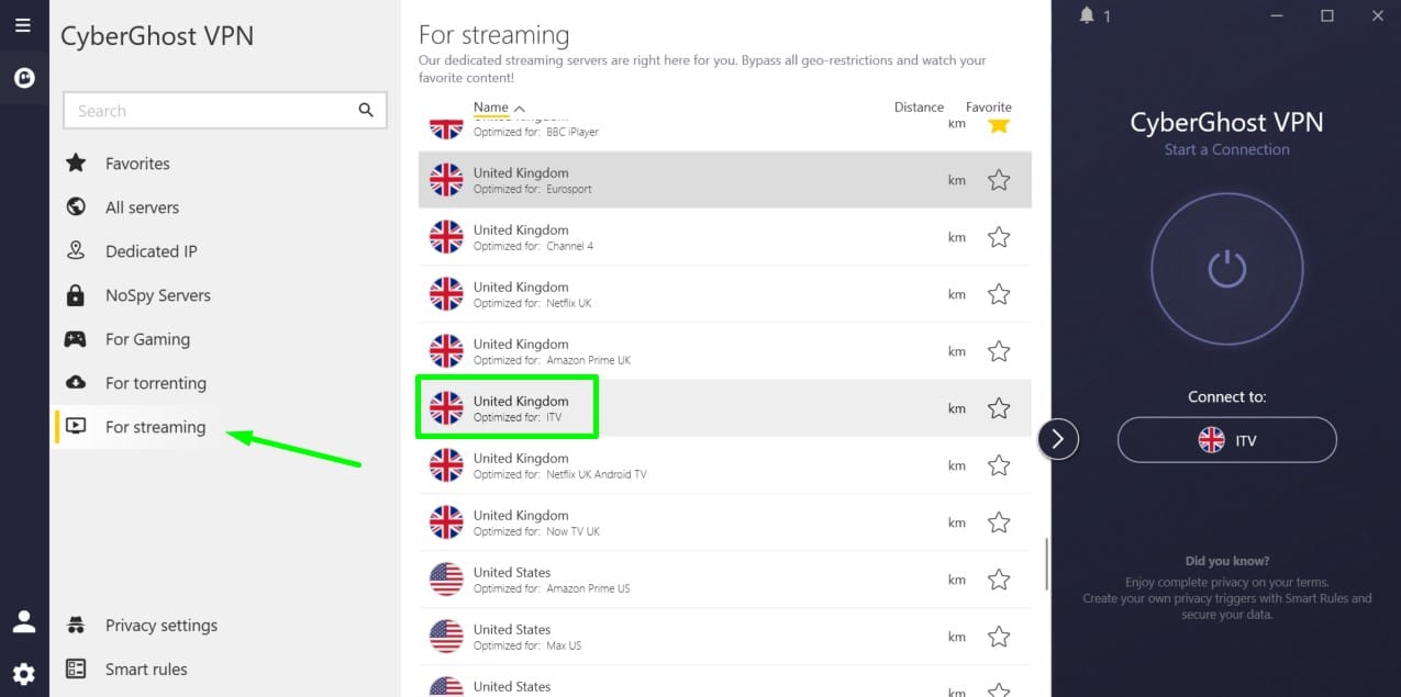 Screenshot showing CyberGhost's British streaming servers