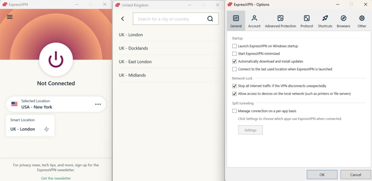Screeenshot of ExpressVPN's Windows app showing its UK server locations
