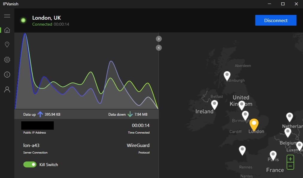 Screenshot showing IPVanish's map-based server seelction screen