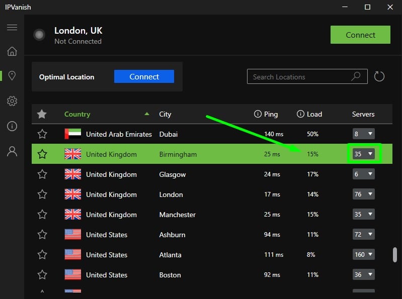 Screenshot of IPVanish's server info screen