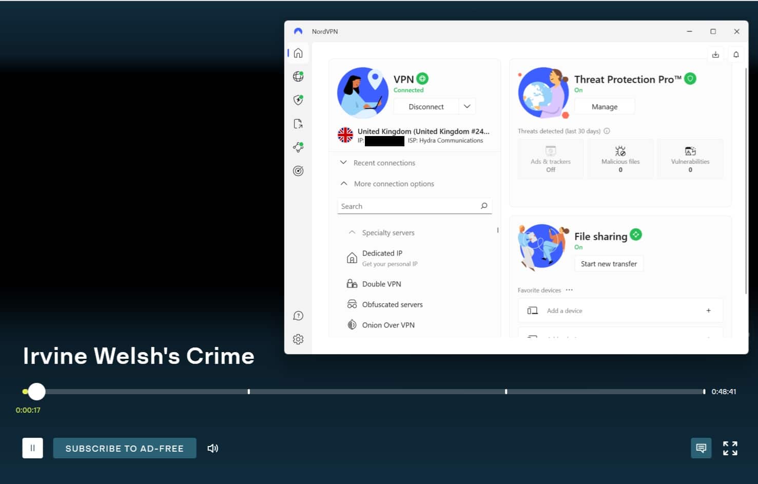 Screenshot showing playback on ITVX with NordVPN connected