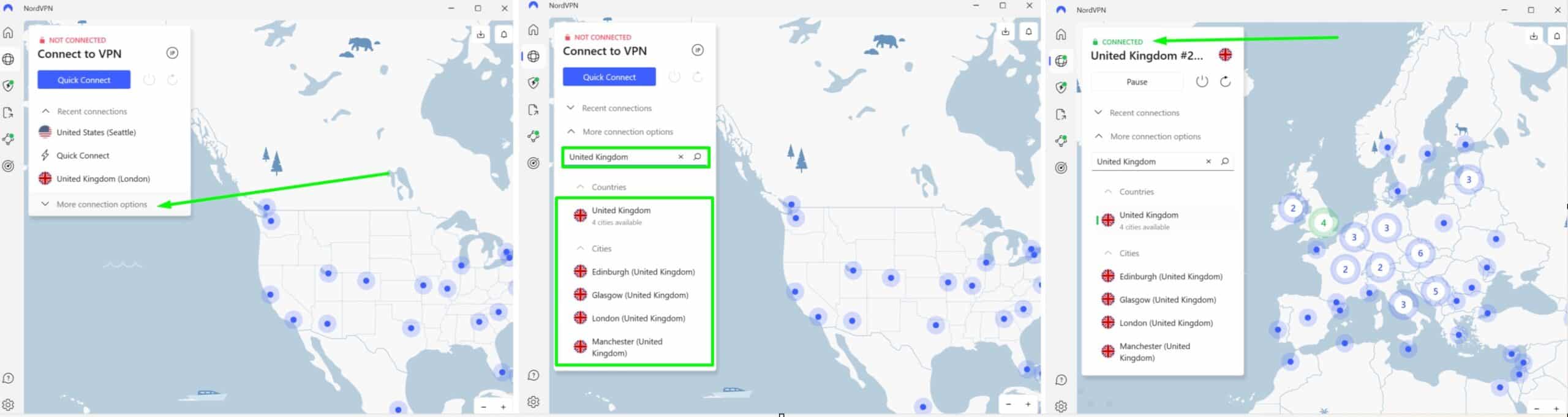Screenshot of NordVPN's UK server locations