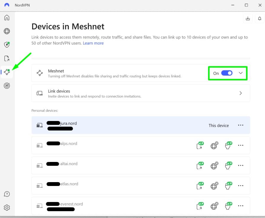 Screenshot of NordVPN's Meshnet settings
