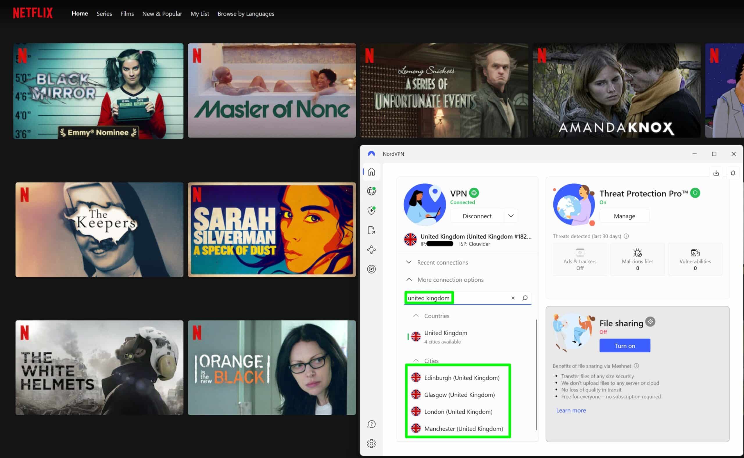 Screesnhot showing NordVPN connected to a British location while browisng netflix