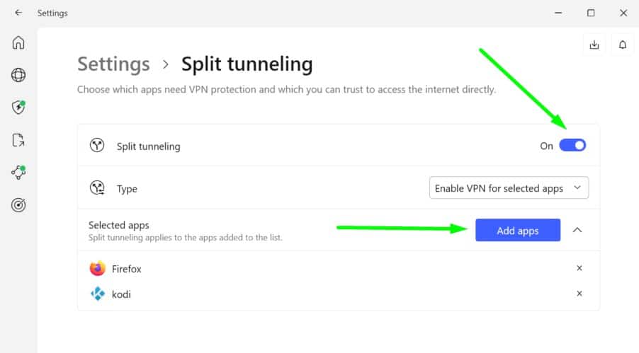 Screenshot of NordVPN's split tunneling options