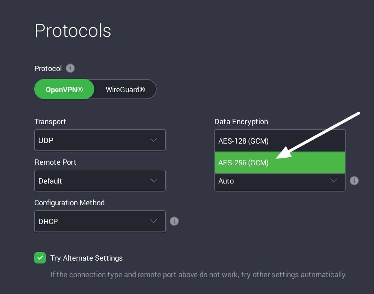 OpenVPN protocol and encryption selection