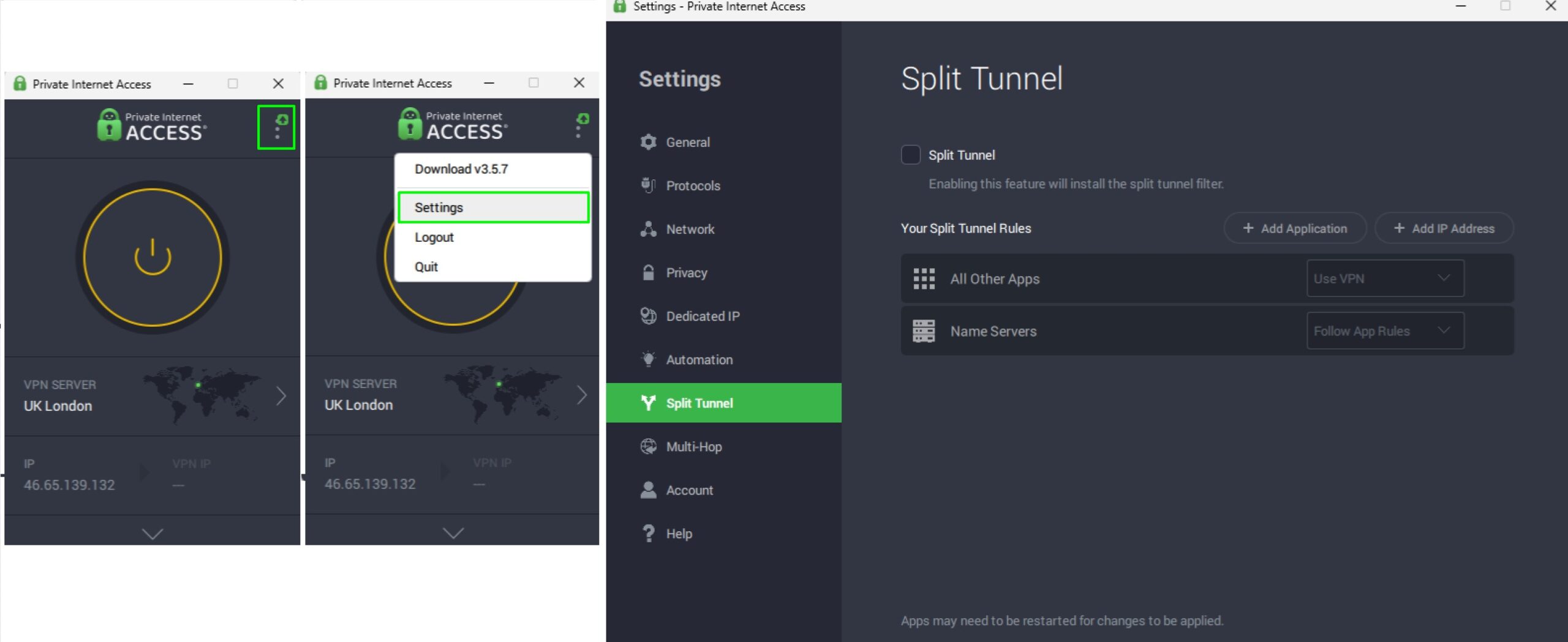 Screenshot of PIA's settings