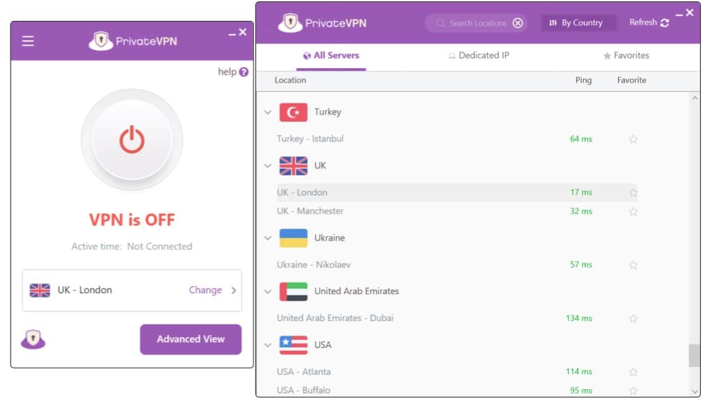 Screenshot showing PrivateVPN's UK servers
