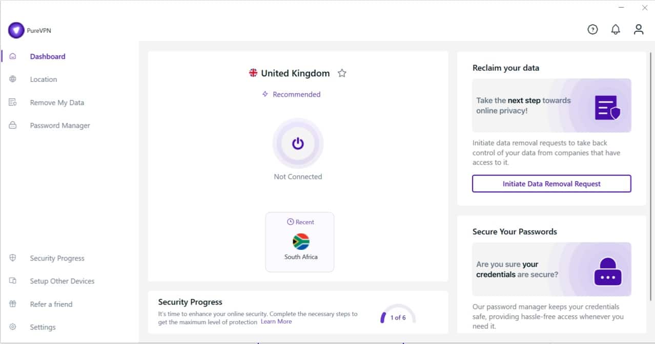 Screenshot of PureVPN's Windows app