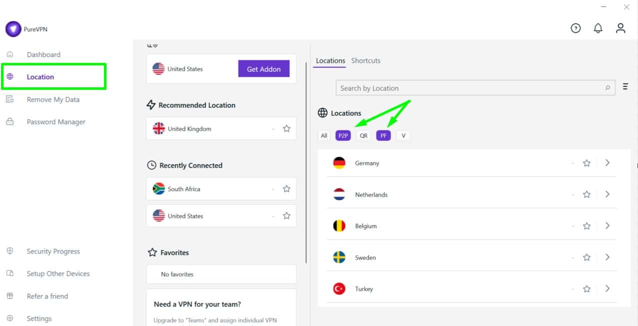Filtering PureVPN's server list using the filter buttons