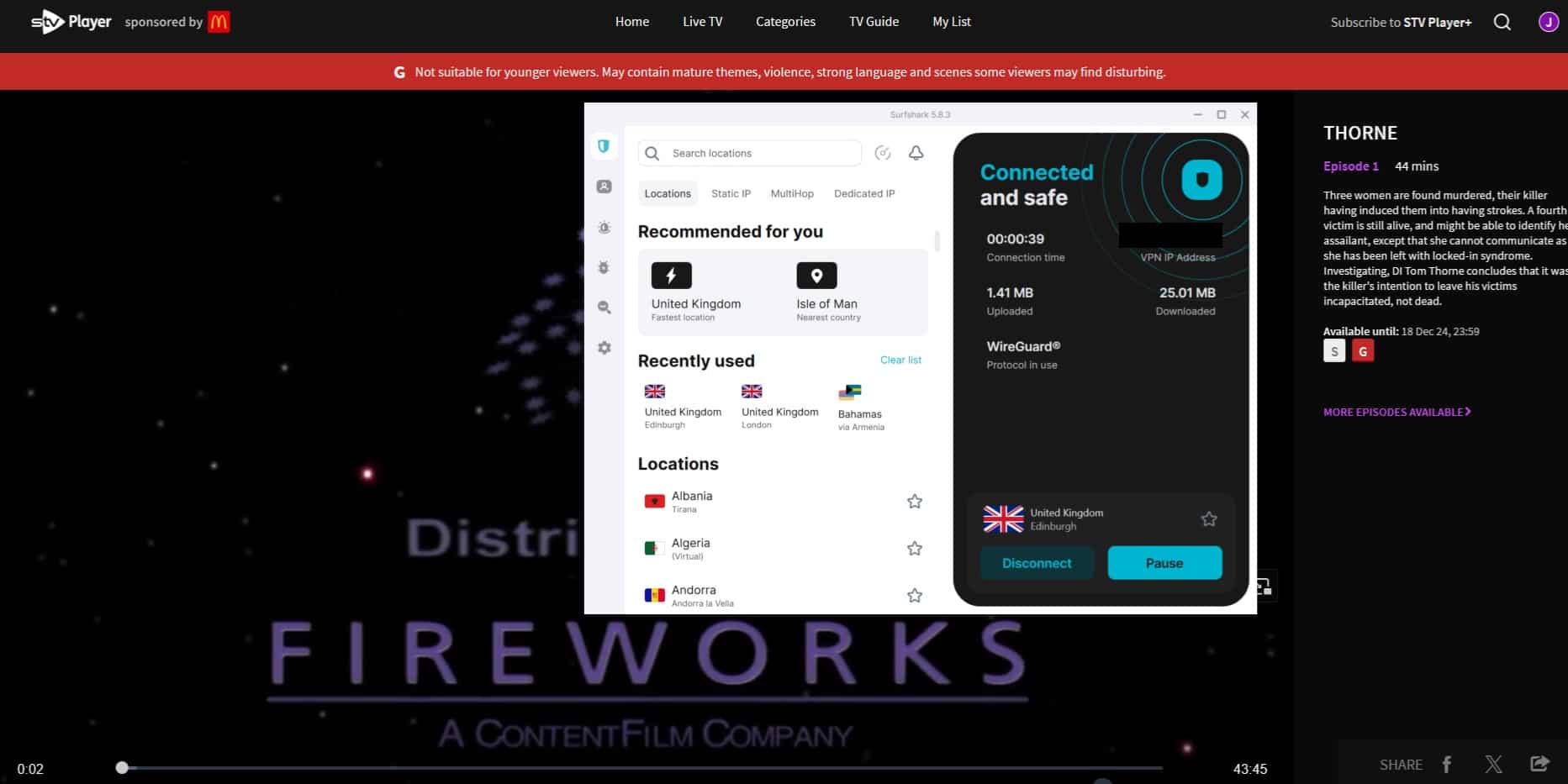 Screenshot showing playback on STV Player with Surfshark connected