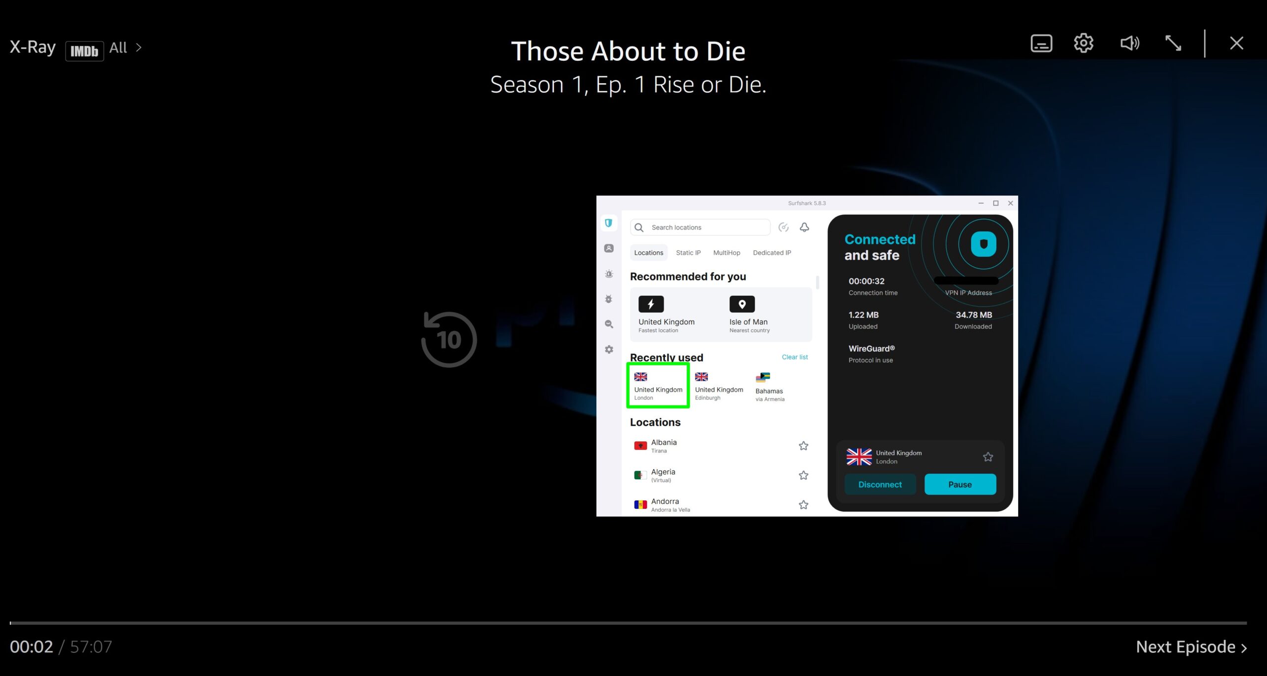 Screenshot of Surfshark connected while Prime Video plays
