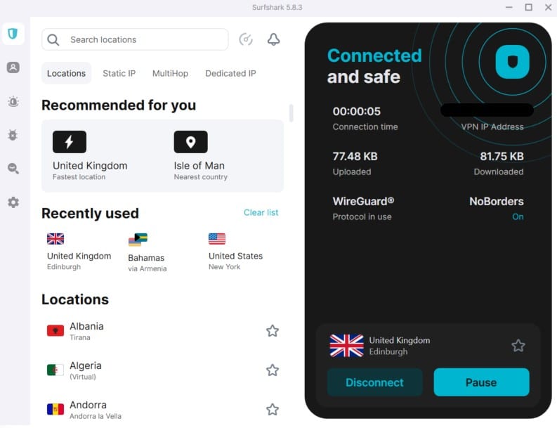Screenshot of Surfshark's windows app
