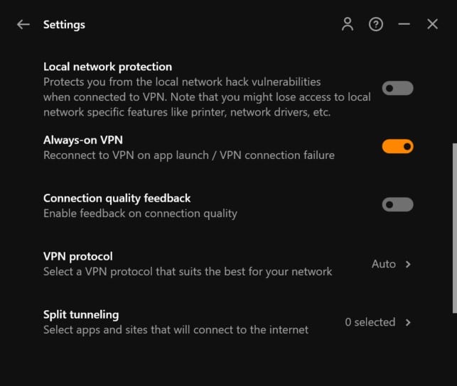 Screenshot of UltraVPN's settings menu