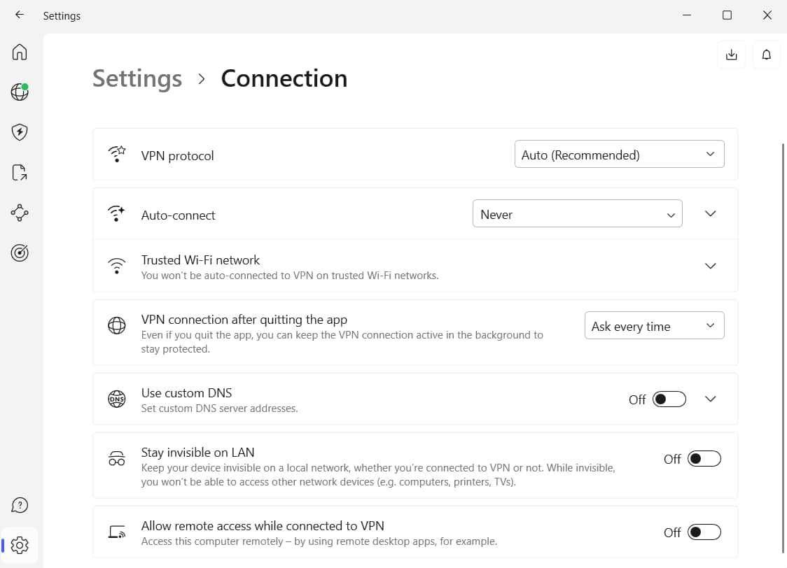 NordVPN connection options.