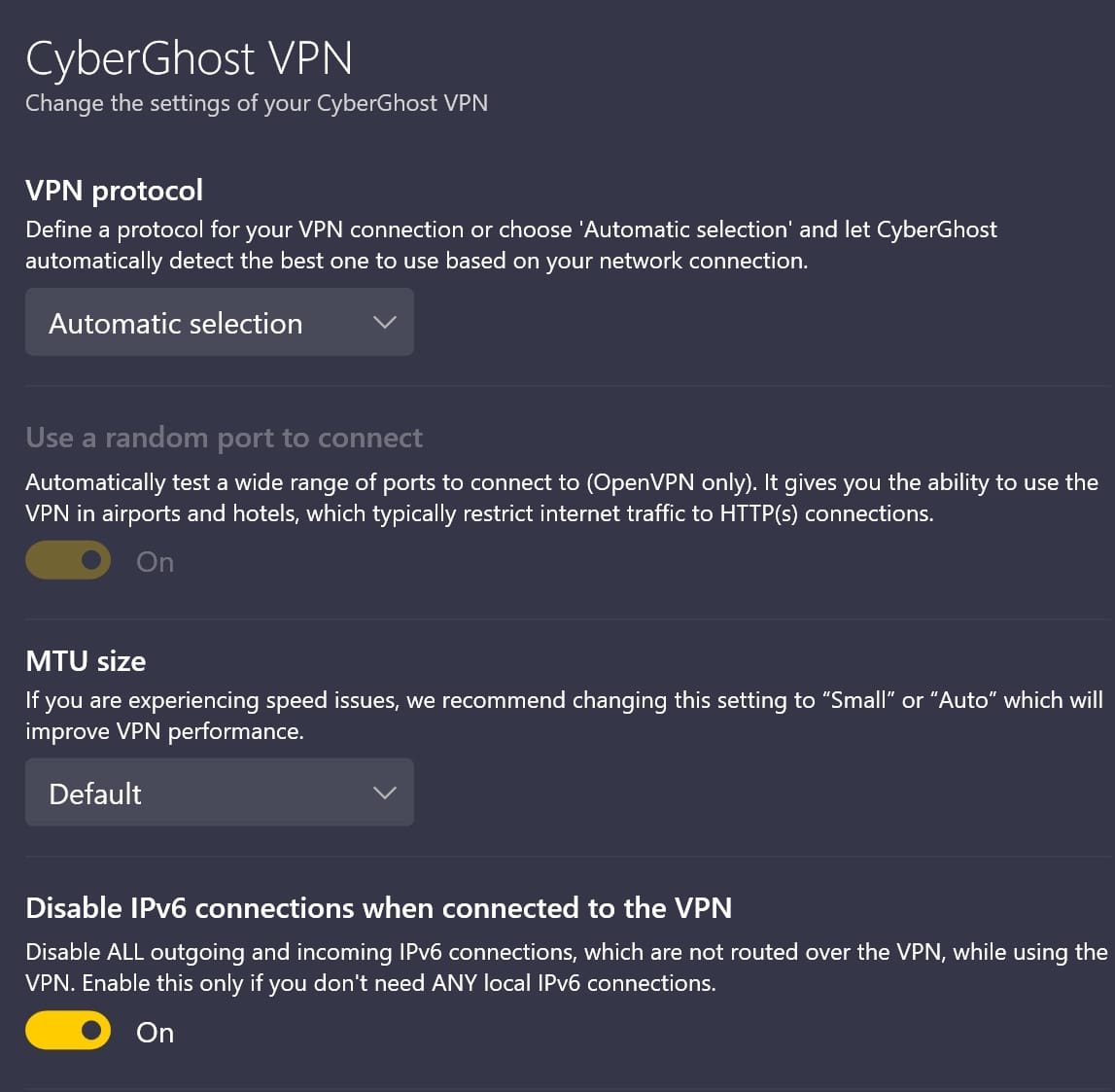 CyberGhost VPN settings
