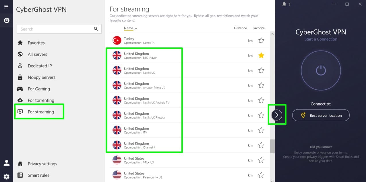 Screenshot of CyberGhost's British streaming server list