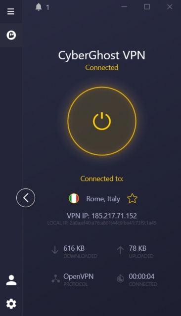 The CyberGhost dashboard.
