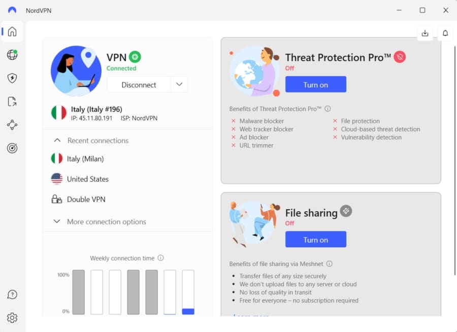 The NordVPN dashboard.