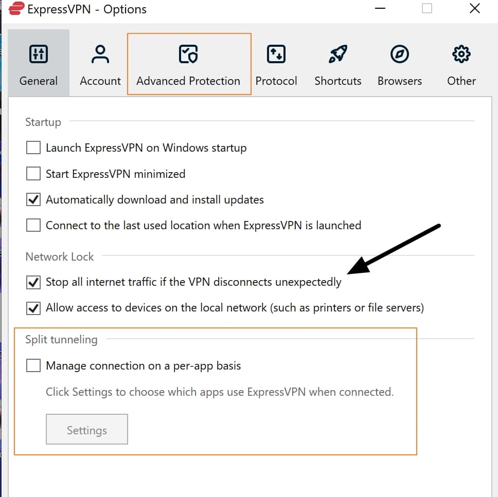 ExpressVPN options