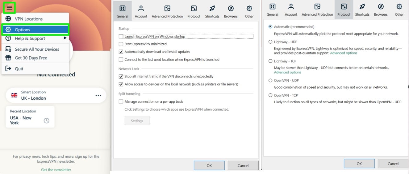 Screenshot of ExpressVPN's settings menu