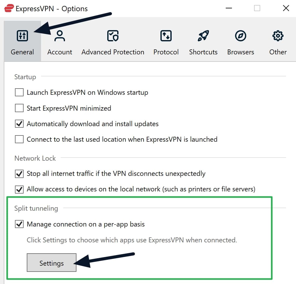 ExpressVPN split tunneling