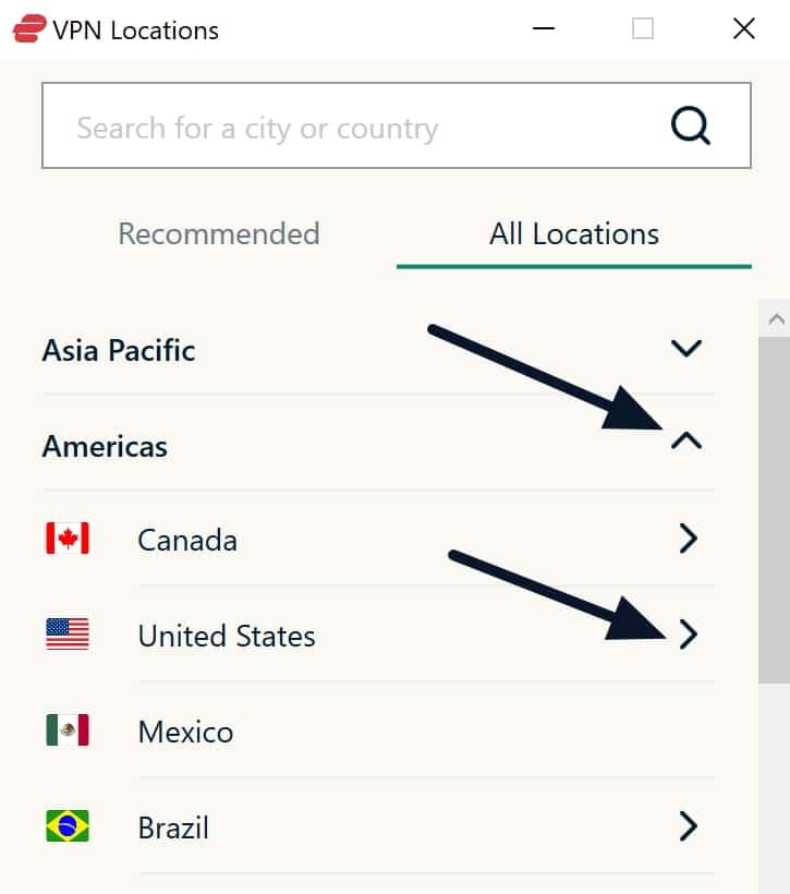ExpressVPN US server selection
