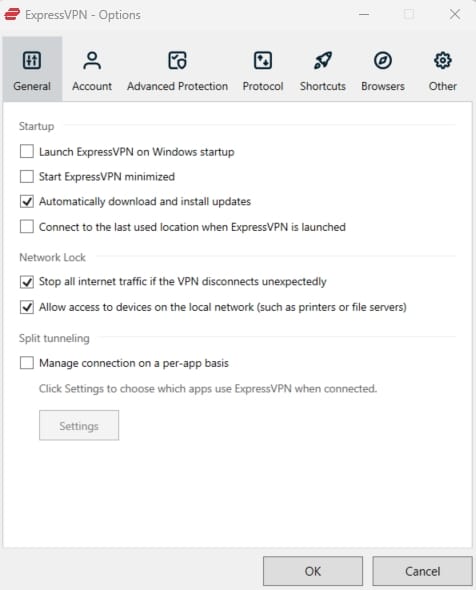 ExpressVPN Options.
