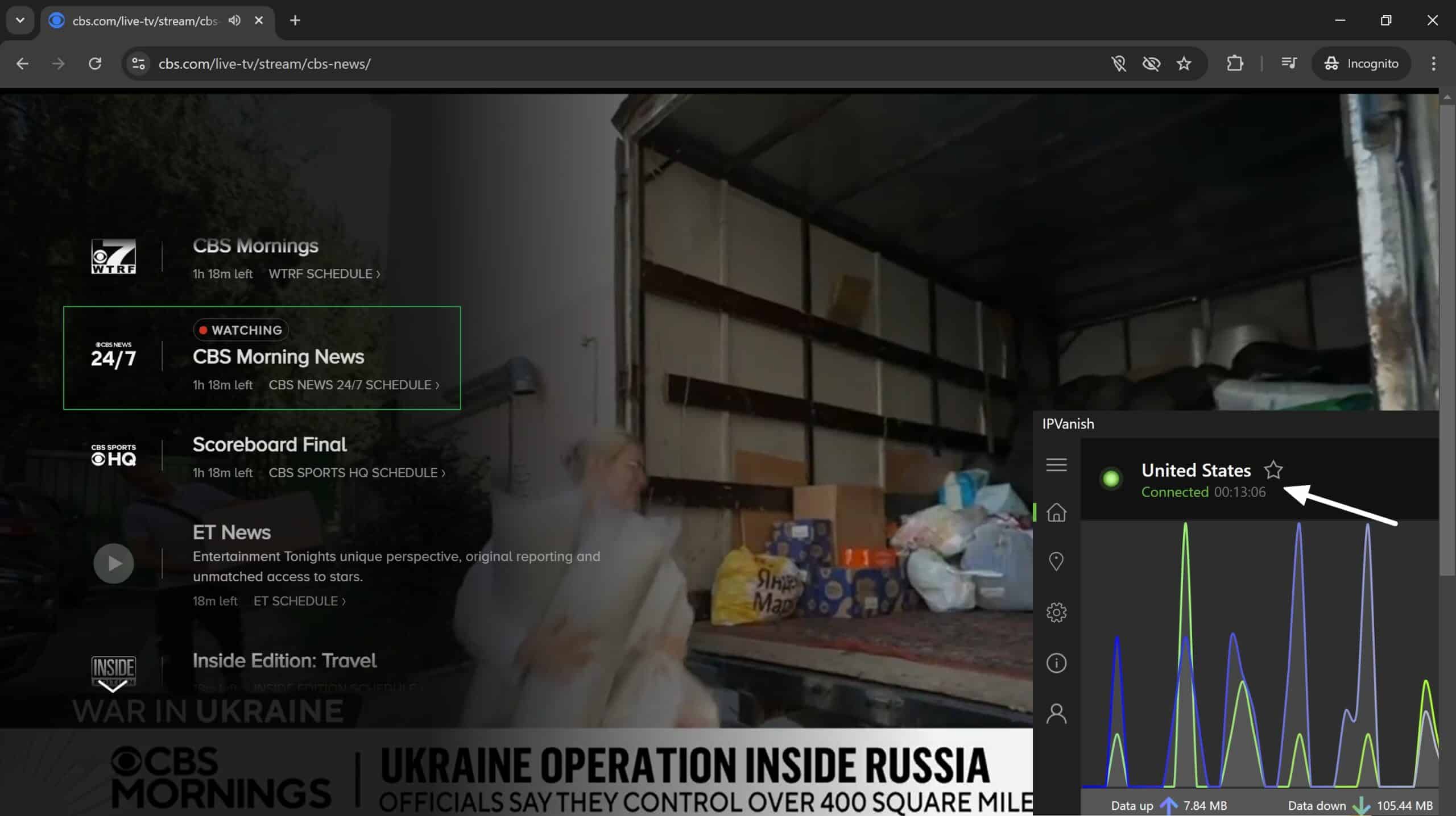 IPVanish streaming CBS with a US IP