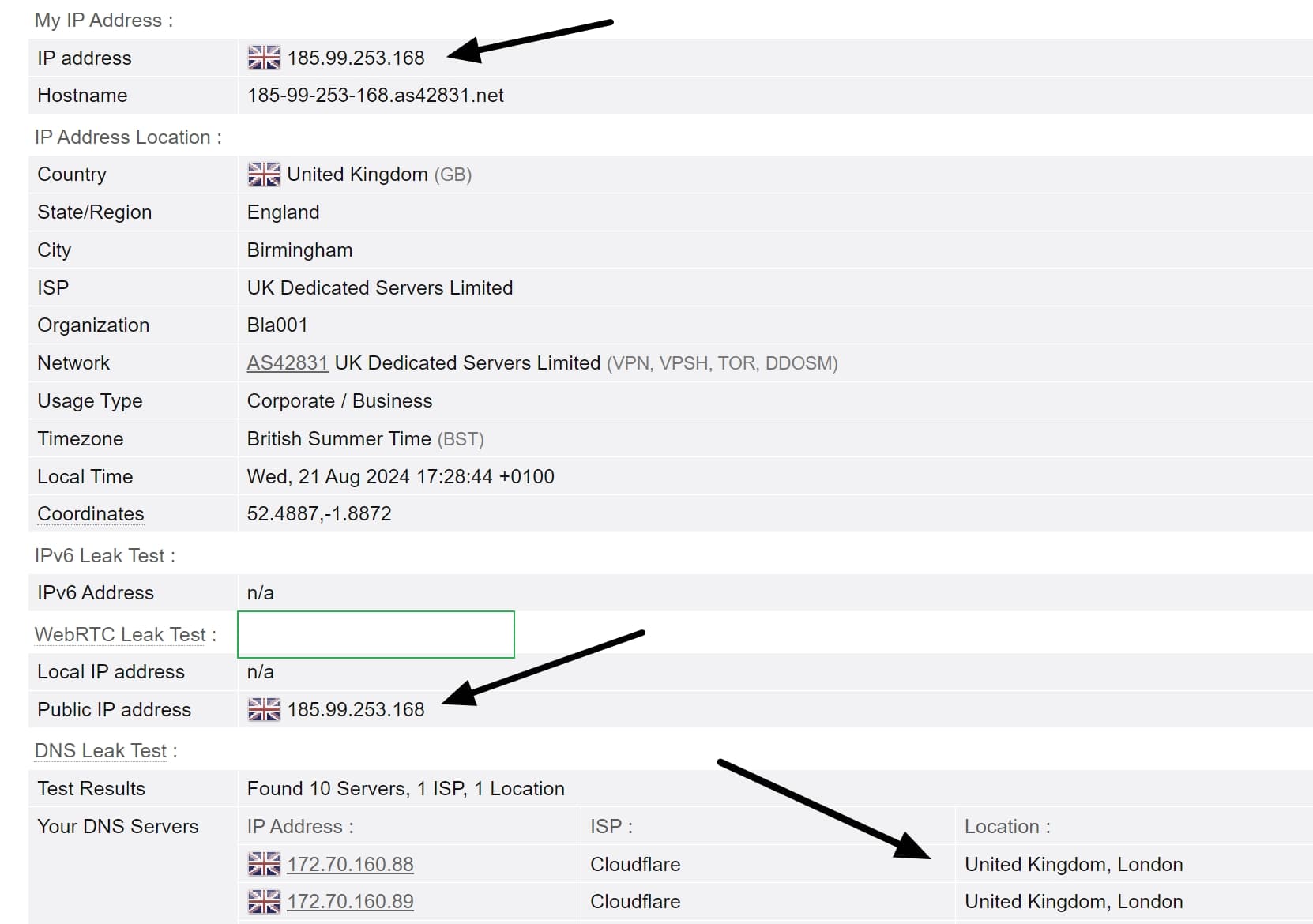 IPVanish DNS leak test results
