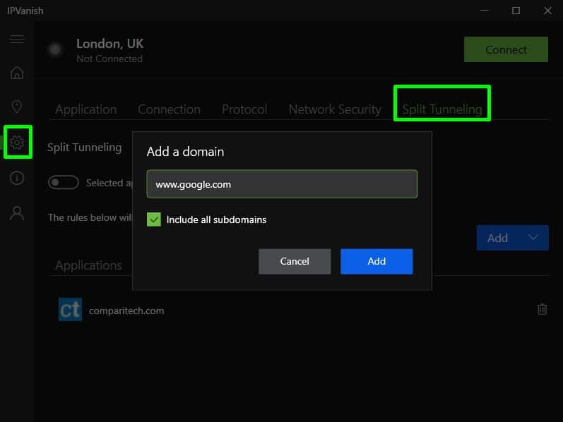 Screenshot of IPVanish's split tunneling options
