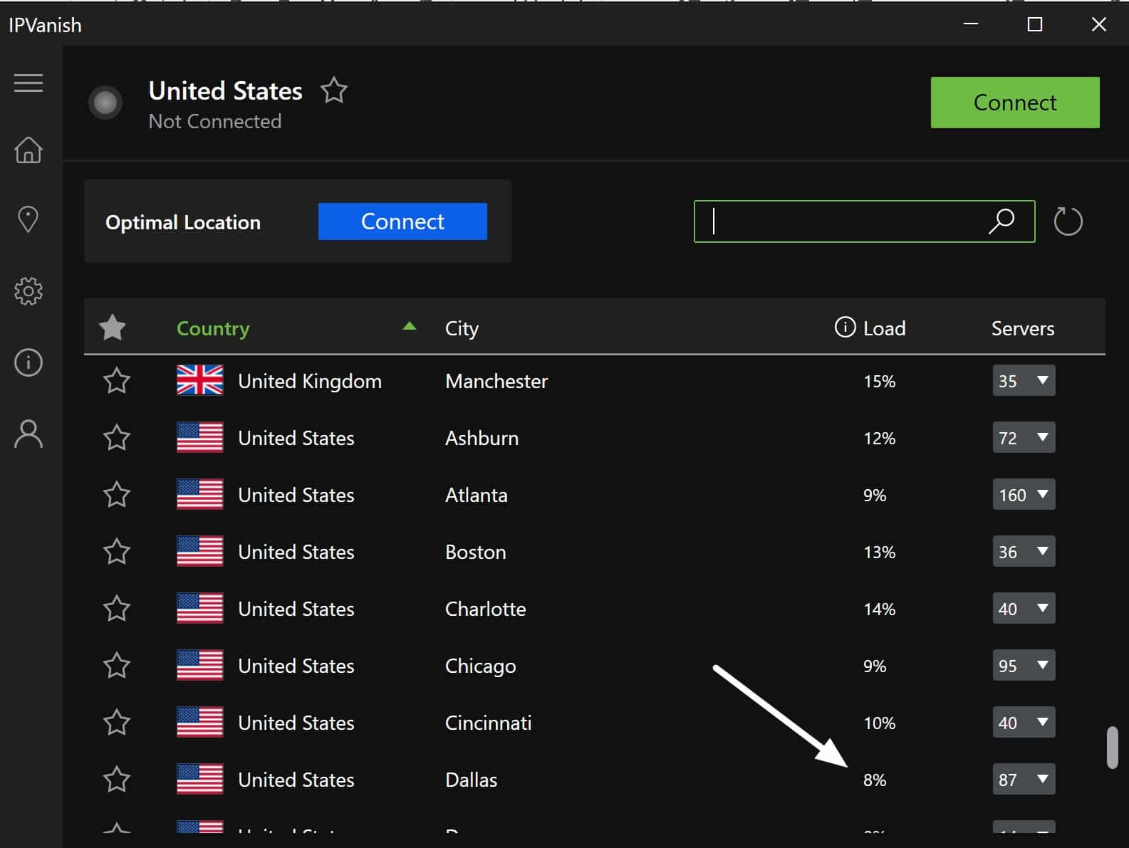 IPVanish selection of US servers