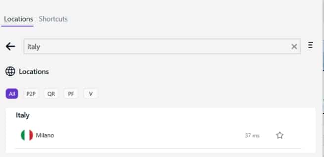 PureVPN's server in Italy.