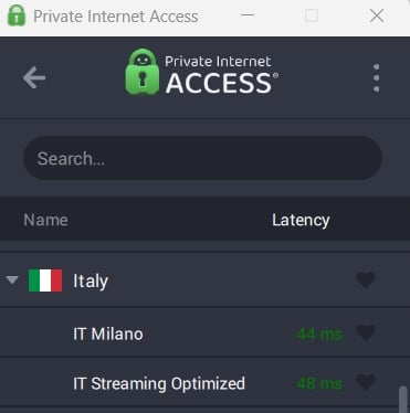 Private Internet Access Italy servers.