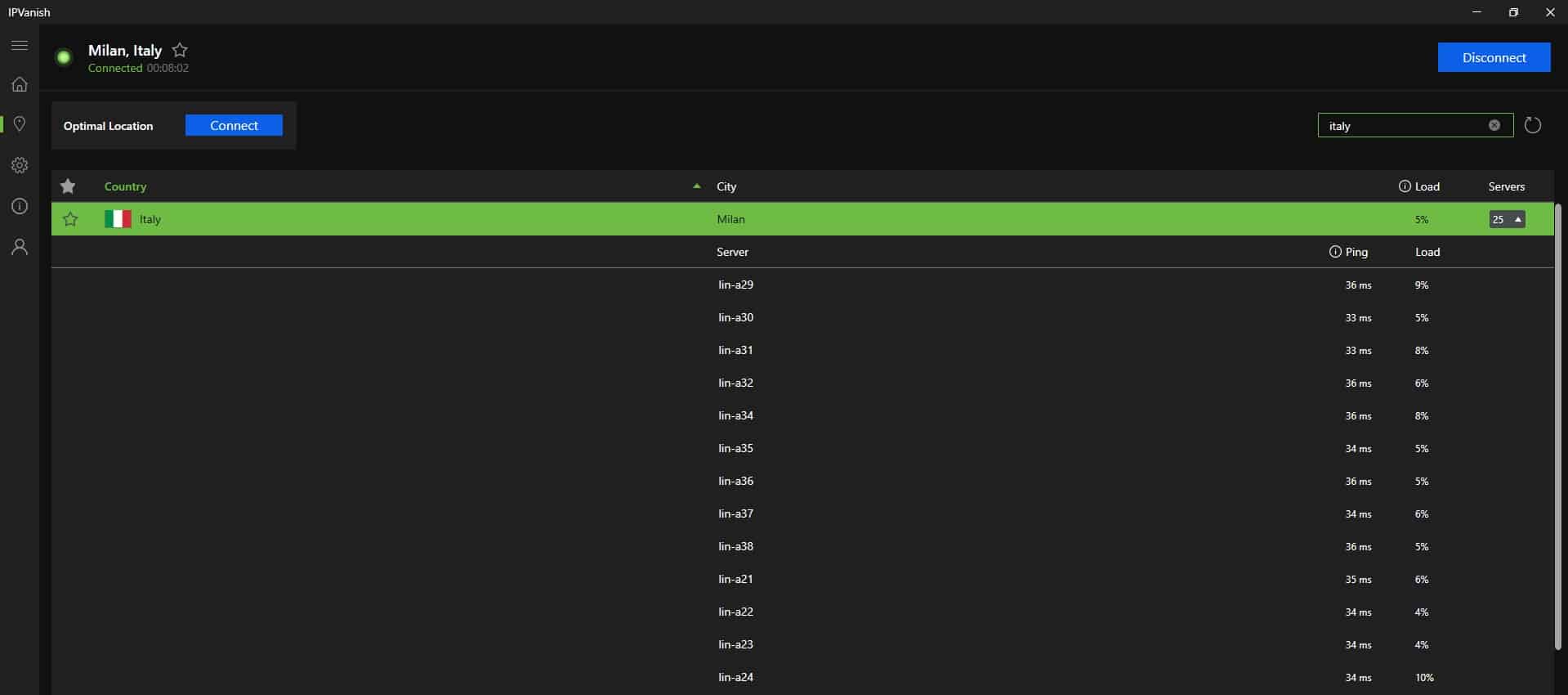 IPVanish servers in Italy.