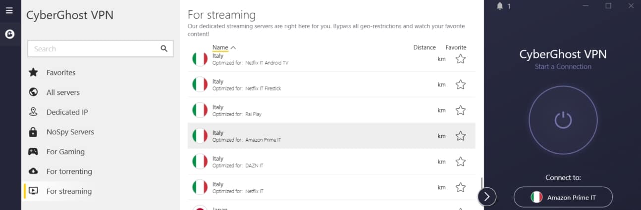CyberGhost's streaming optimized servers.