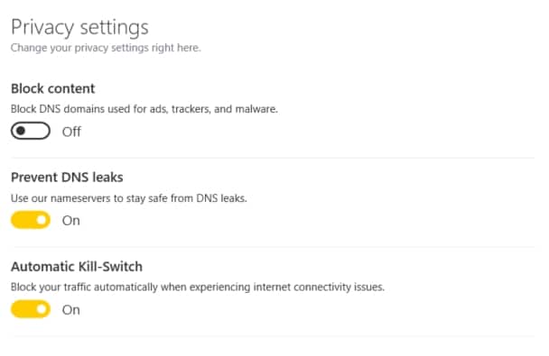 CyberGhost privacy options.
