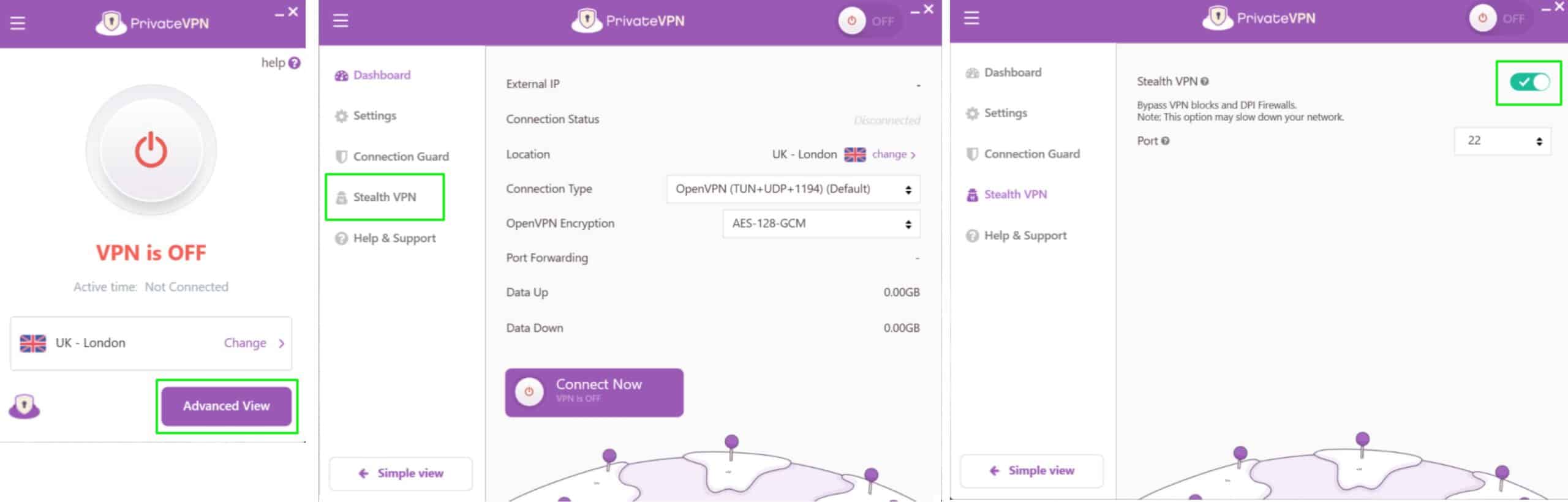 Screenshots showing how to activate PrivateVPN's stealth mode